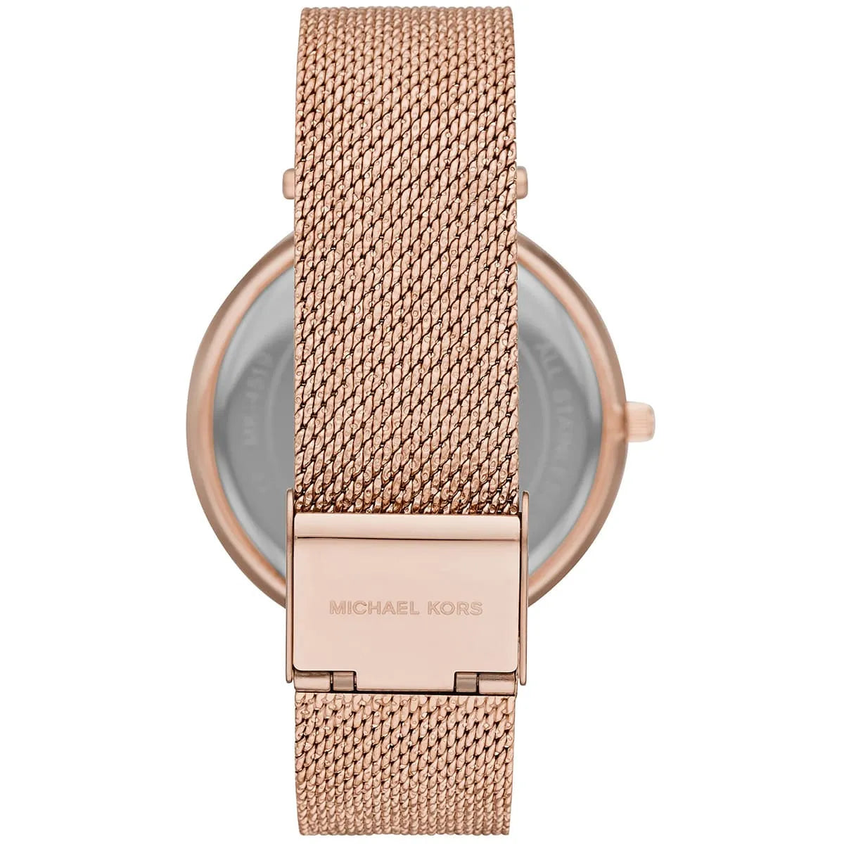 Close-up of Michael Kors Darci rose-gold mesh strap with deployment clasp