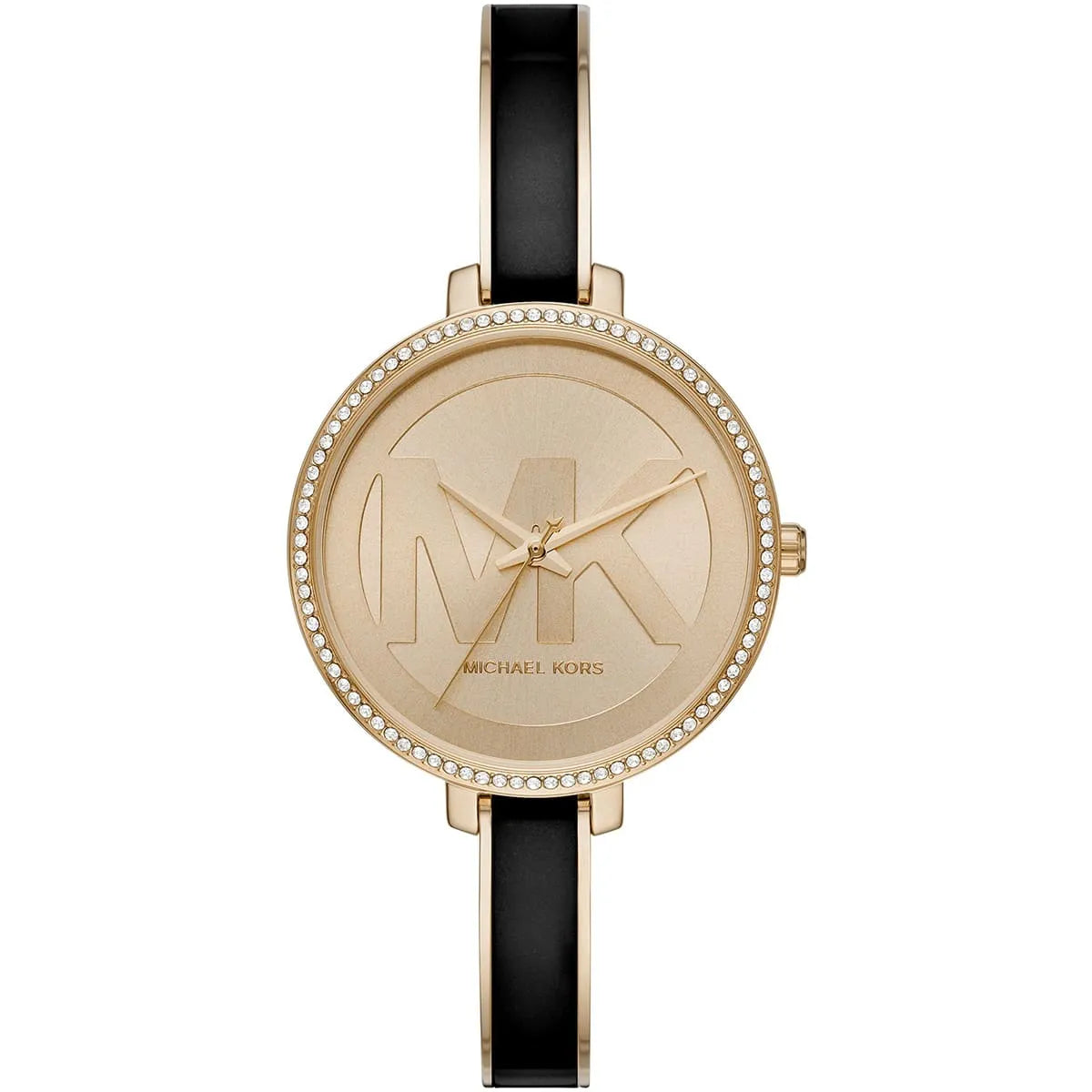 Michael Kors Jaryn women's watch with gold pavé dial, crystal bezel, and black leather strap