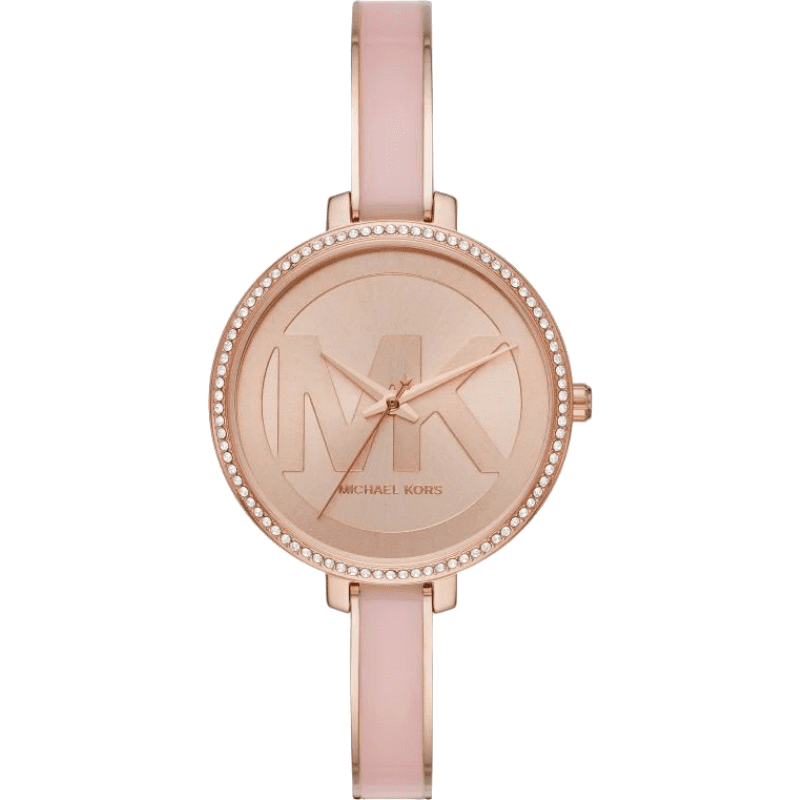 Michael Kors Jaryn rose gold dial analog watch with pink steel strap front view