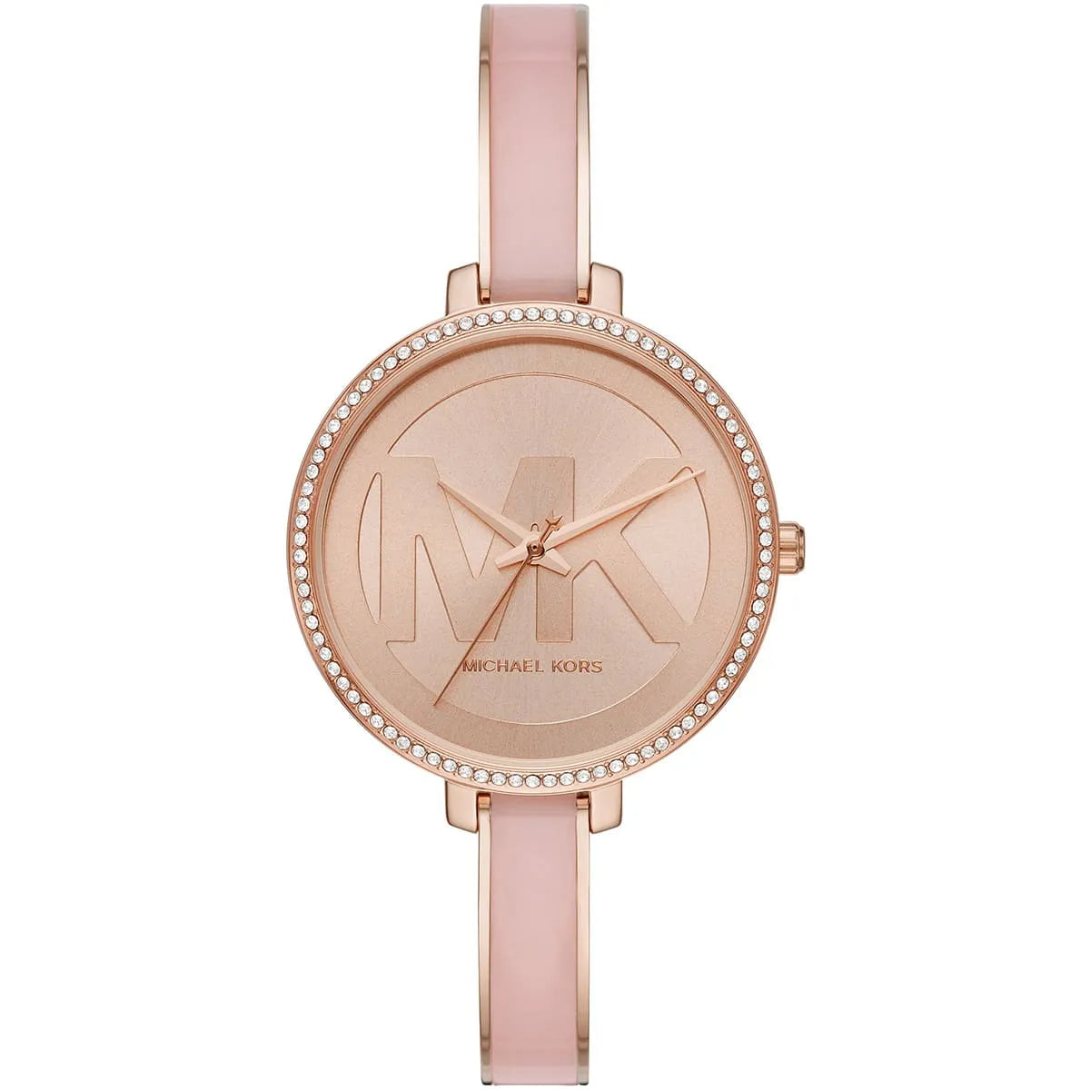 Michael Kors Jaryn women's watch rose gold dial with MK logo and crystal bezel