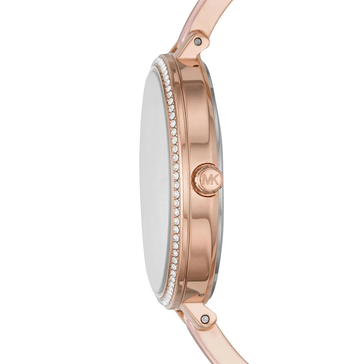 Michael Kors Jaryn watch side view showing rose gold case and pink steel band