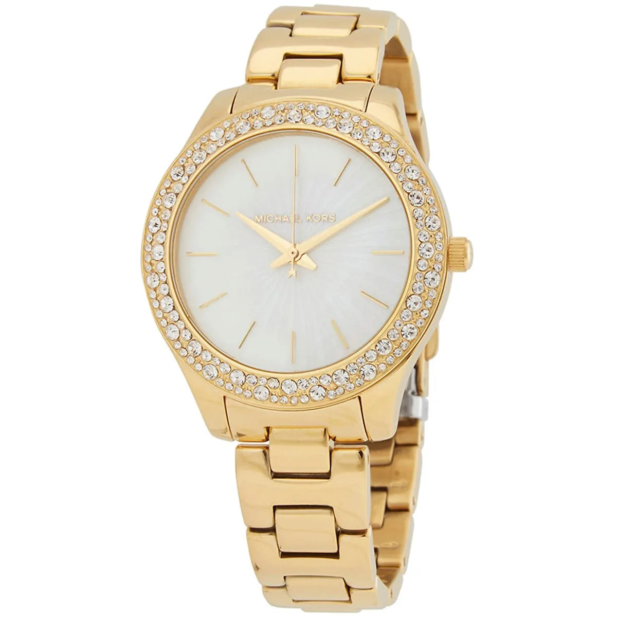 Michael Kors Liliane MK4555 watch angled view showing white dial and gold metal bracelet