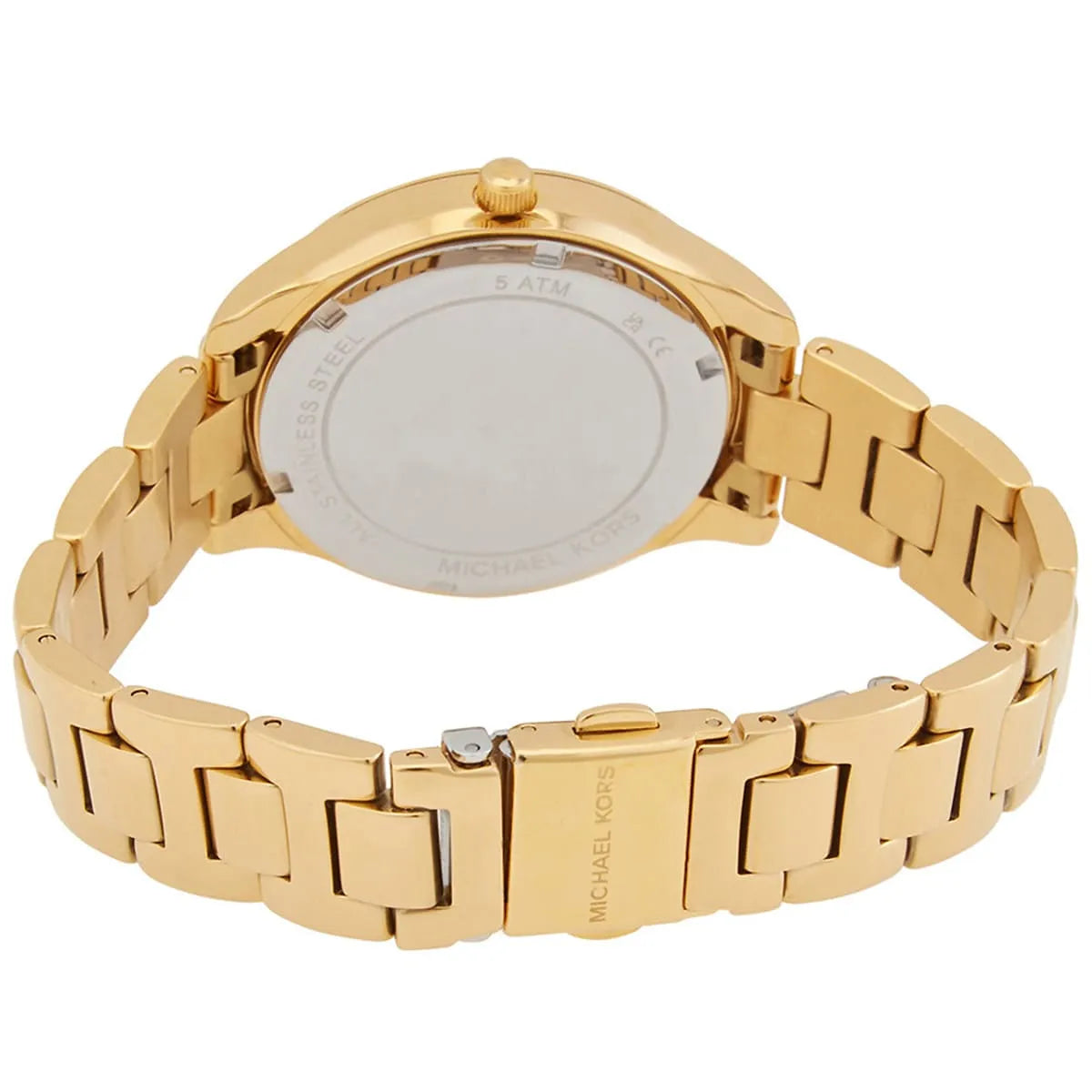 Michael Kors Liliane MK4555 watch caseback showing gold-tone stainless steel bracelet
