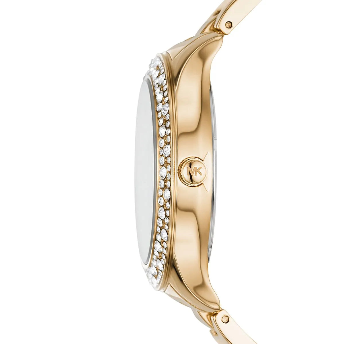 Michael Kors Liliane MK4555 watch side angle view with crystal bezel and gold case