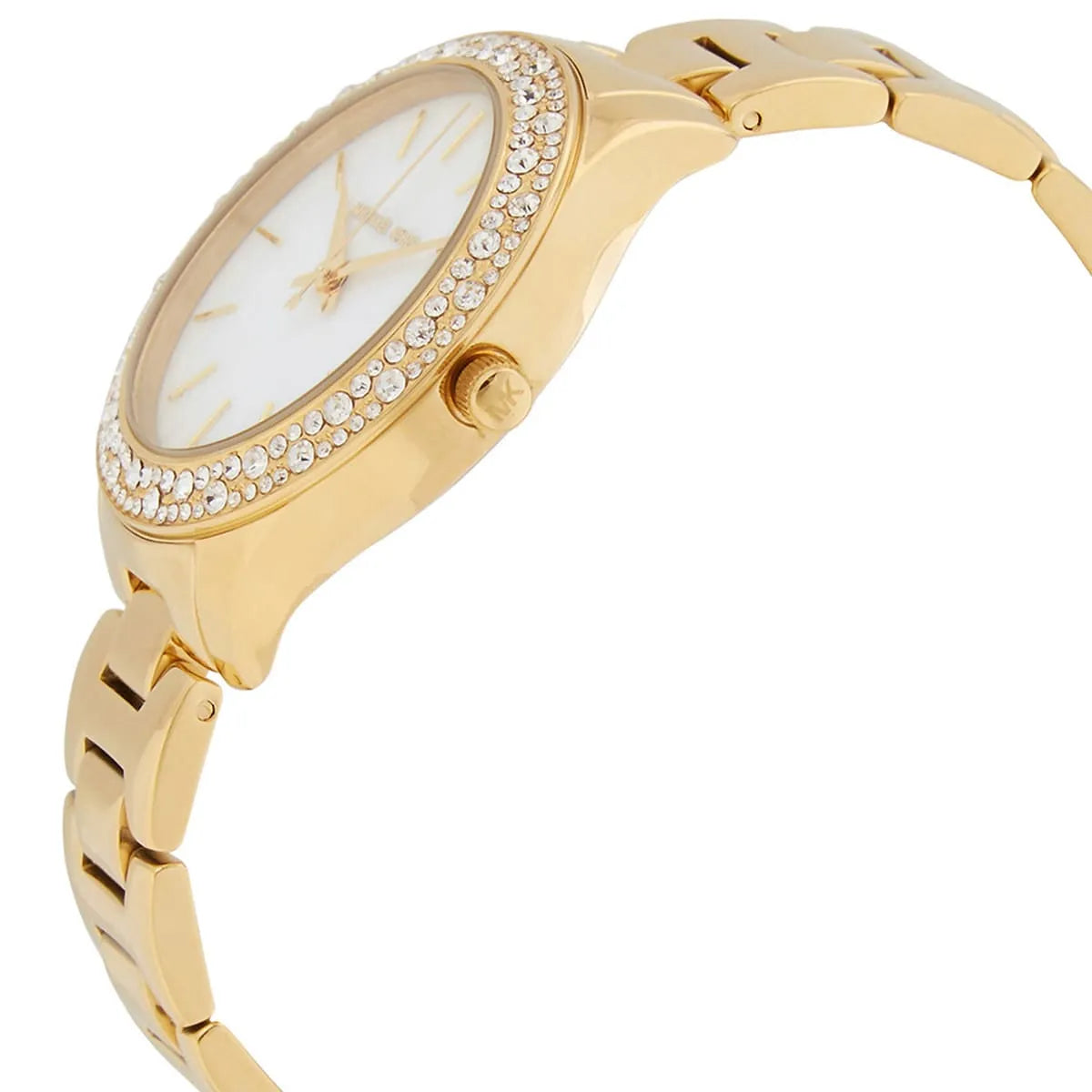 Michael Kors Liliane MK4555 watch side view showing crystal-set bezel and dial profile