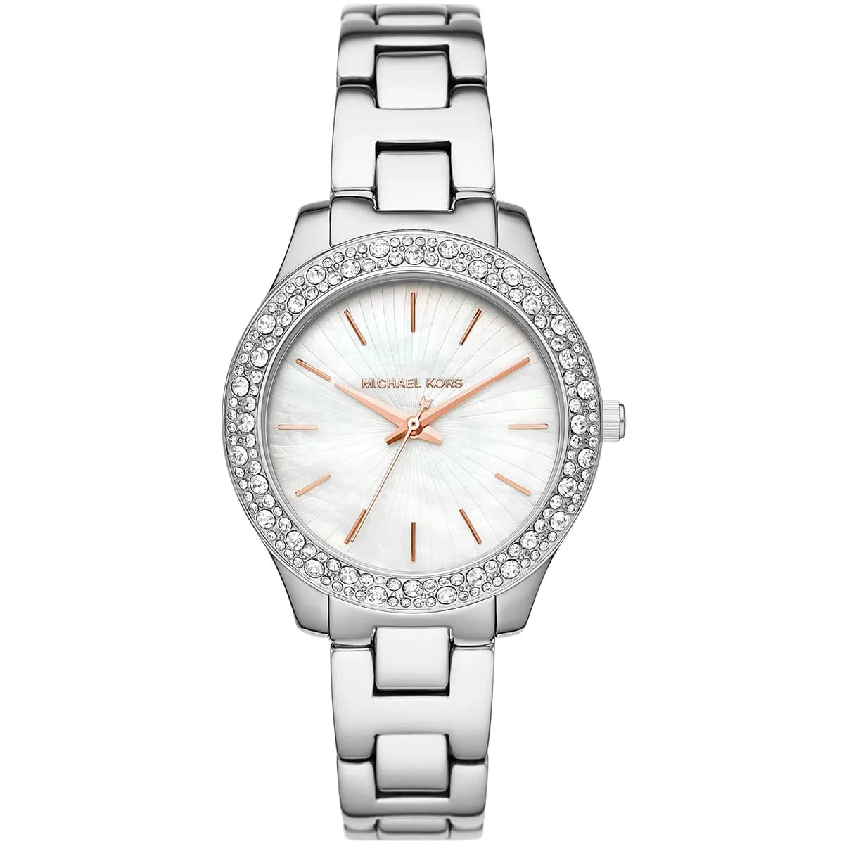 Michael Kors Liliane watch with white mother-of-pearl dial and crystal bezel, silver metal strap