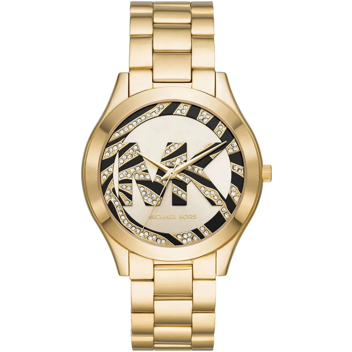 Michael Kors Slim Runway gold women's watch with zebra-patterned dial and crystal accents