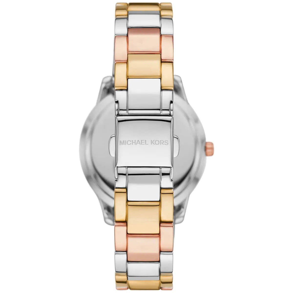 Back view of Michael Kors Camille MK4576 watch case with logo and tricolor bracelet