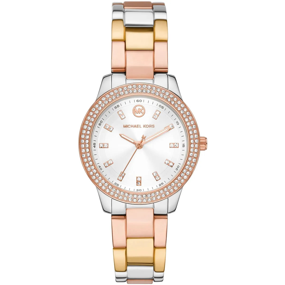 Michael Kors Camille MK4576 women's watch with crystal bezel, white dial, and tricolor metal bracelet