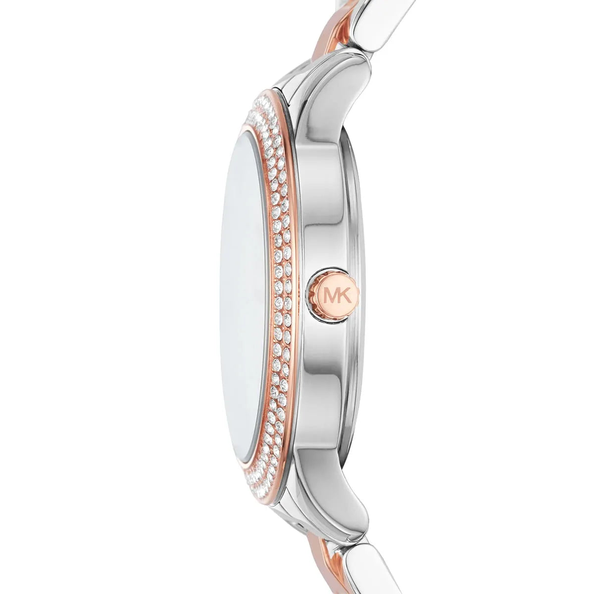 Side view of Michael Kors Camille MK4576 showing crystal-set bezel and case profile