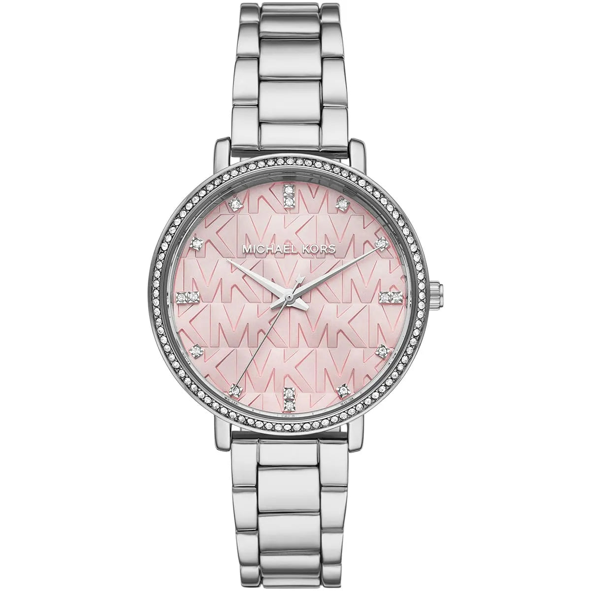 Michael Kors Pyper women's watch with pink dial, MK logo, silver stainless steel bracelet, and crystal bezel
