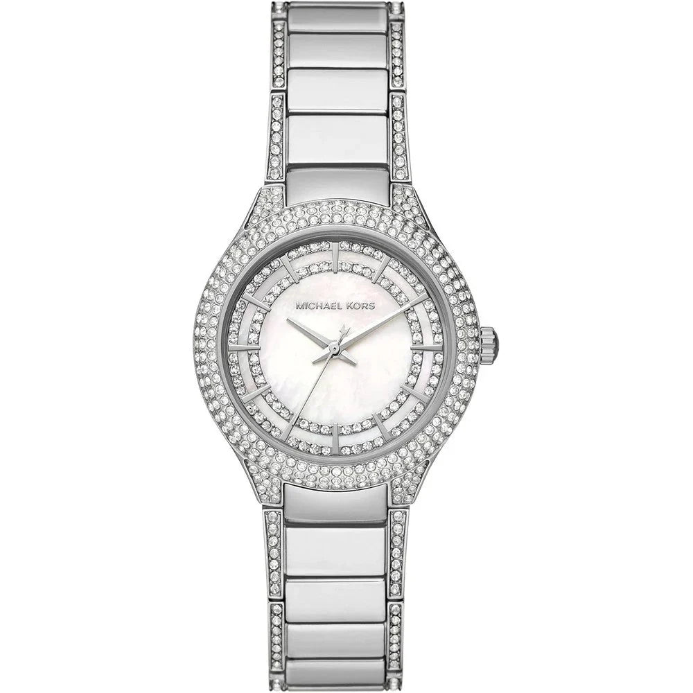 Michael Kors Sylvia women's watch with mother of pearl dial, crystal-set bezel and silver steel bracelet