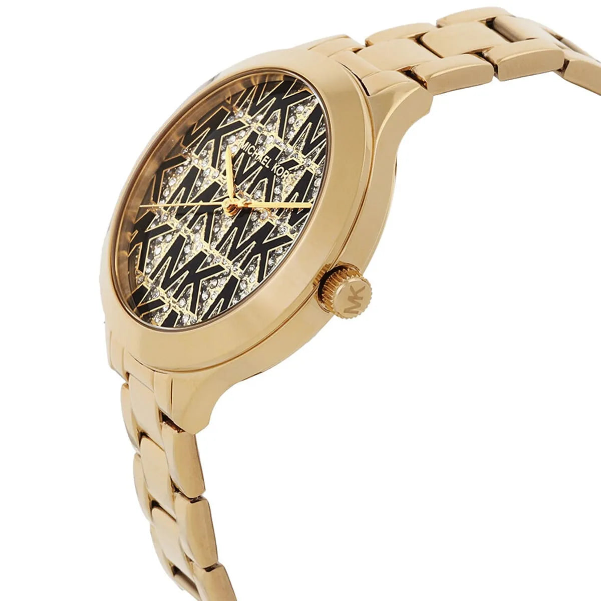 Side angle view of Michael Kors MK4659 Slim Runway Aspyn gold watch showing thin case profile and bracelet