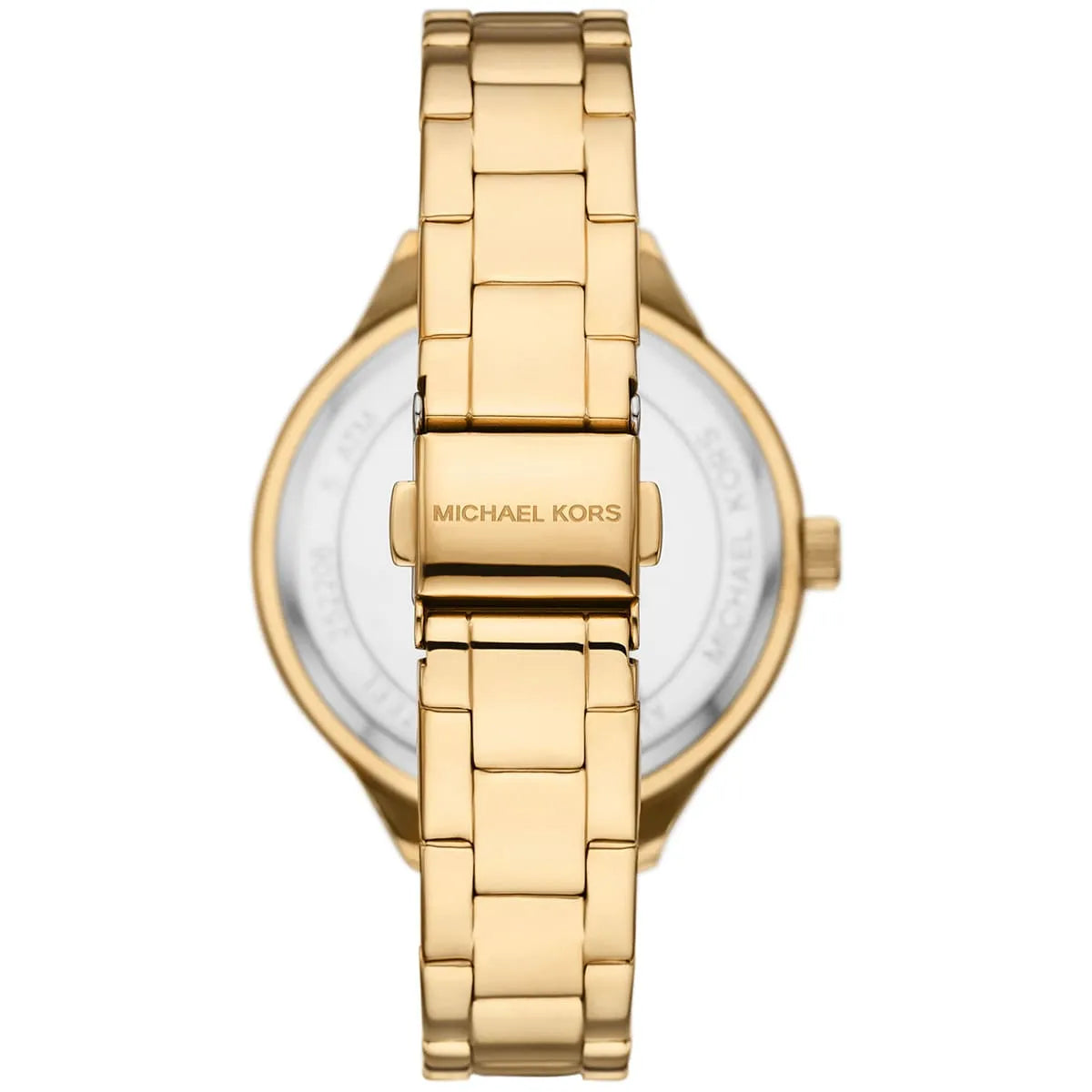 Case back view of Michael Kors MK4659 Slim Runway Aspyn gold watch with Michael Kors branding
