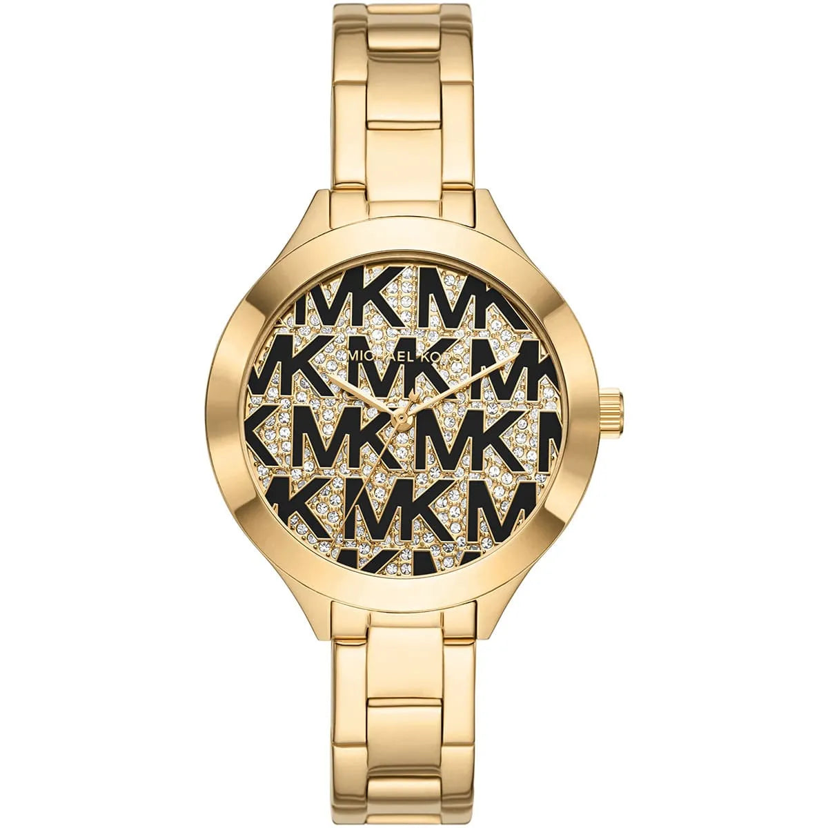 Michael Kors MK4659 Slim Runway Aspyn women's watch with gold case, black MK monogram dial, and gold bracelet