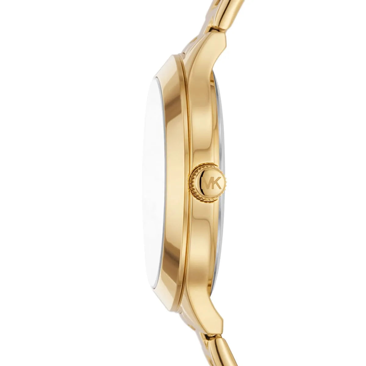 Side profile of Michael Kors MK4659 Slim Runway Aspyn gold watch with MK crown detail visible
