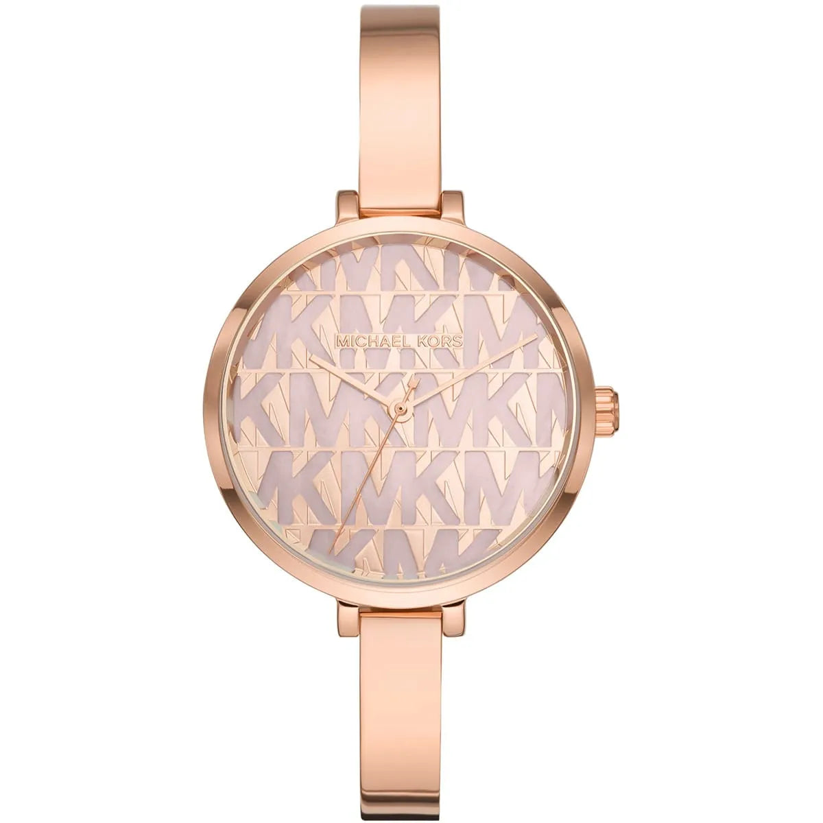 Michael Kors Naia MK4679 women's watch with rose gold case, pink MK-patterned dial, and rose gold metal strap