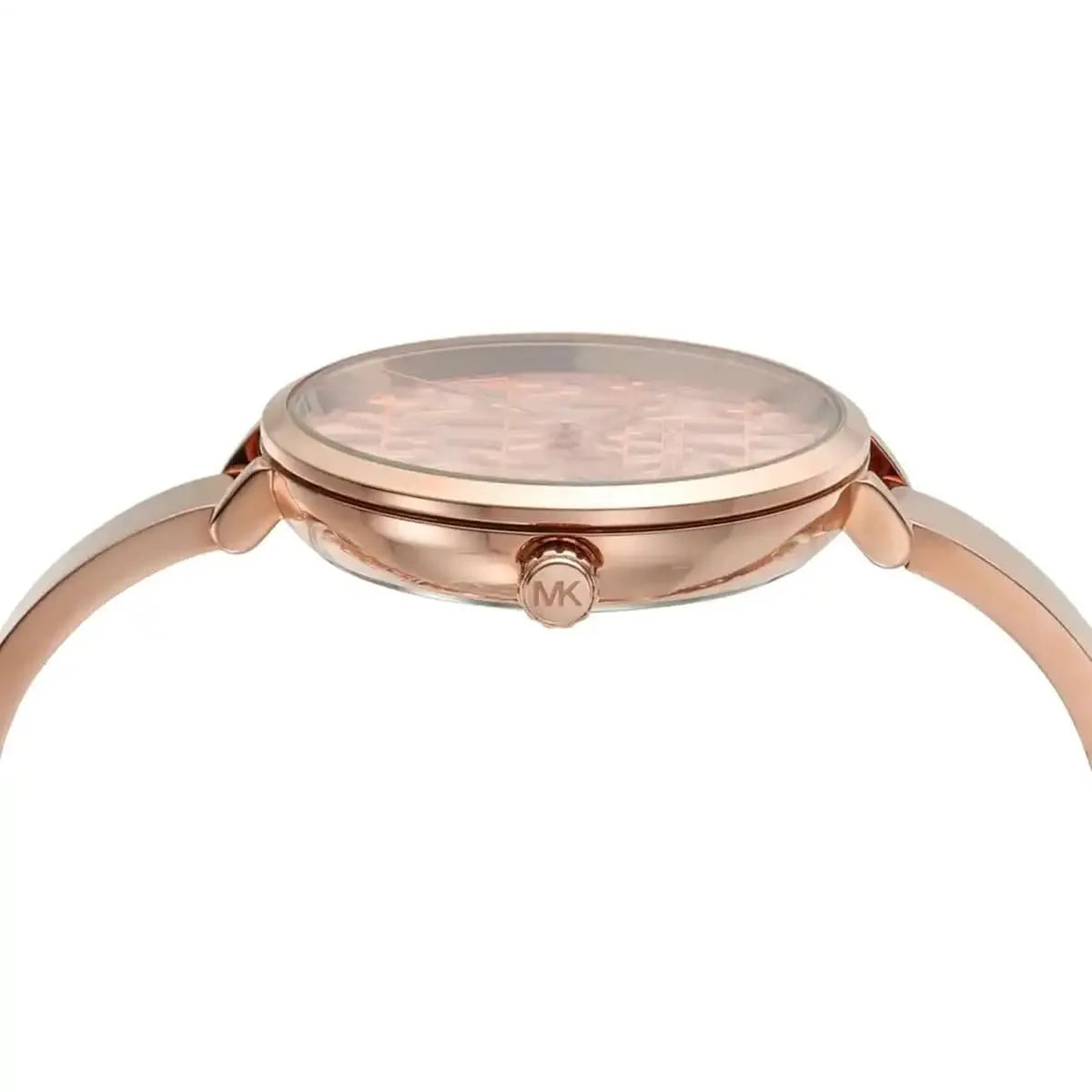 Side profile of Michael Kors Naia MK4679 showing rose gold case thickness and MK crown detail