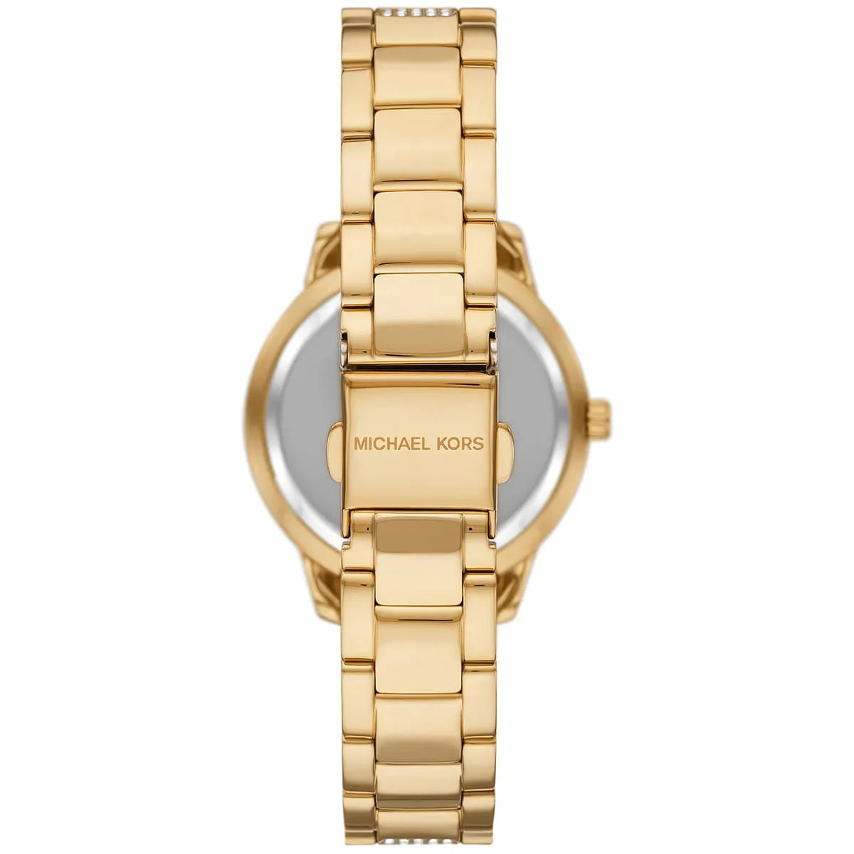 Back view of Michael Kors Tibby watch with case back and gold-tone stainless steel bracelet