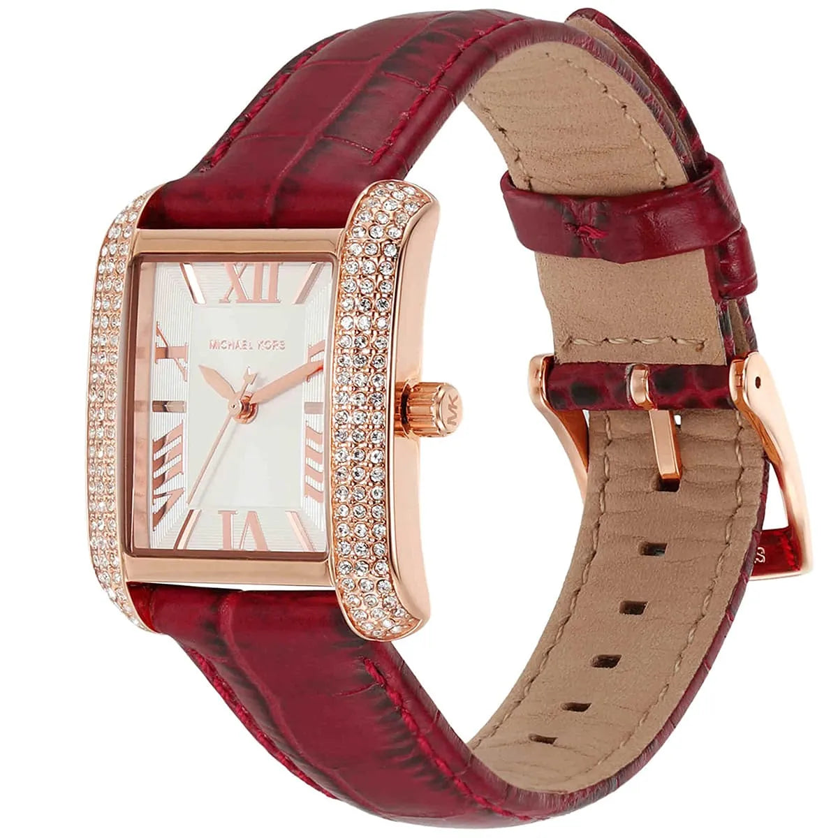 Michael Kors Emery watch angled view showing red leather strap and rose gold crystal-set case