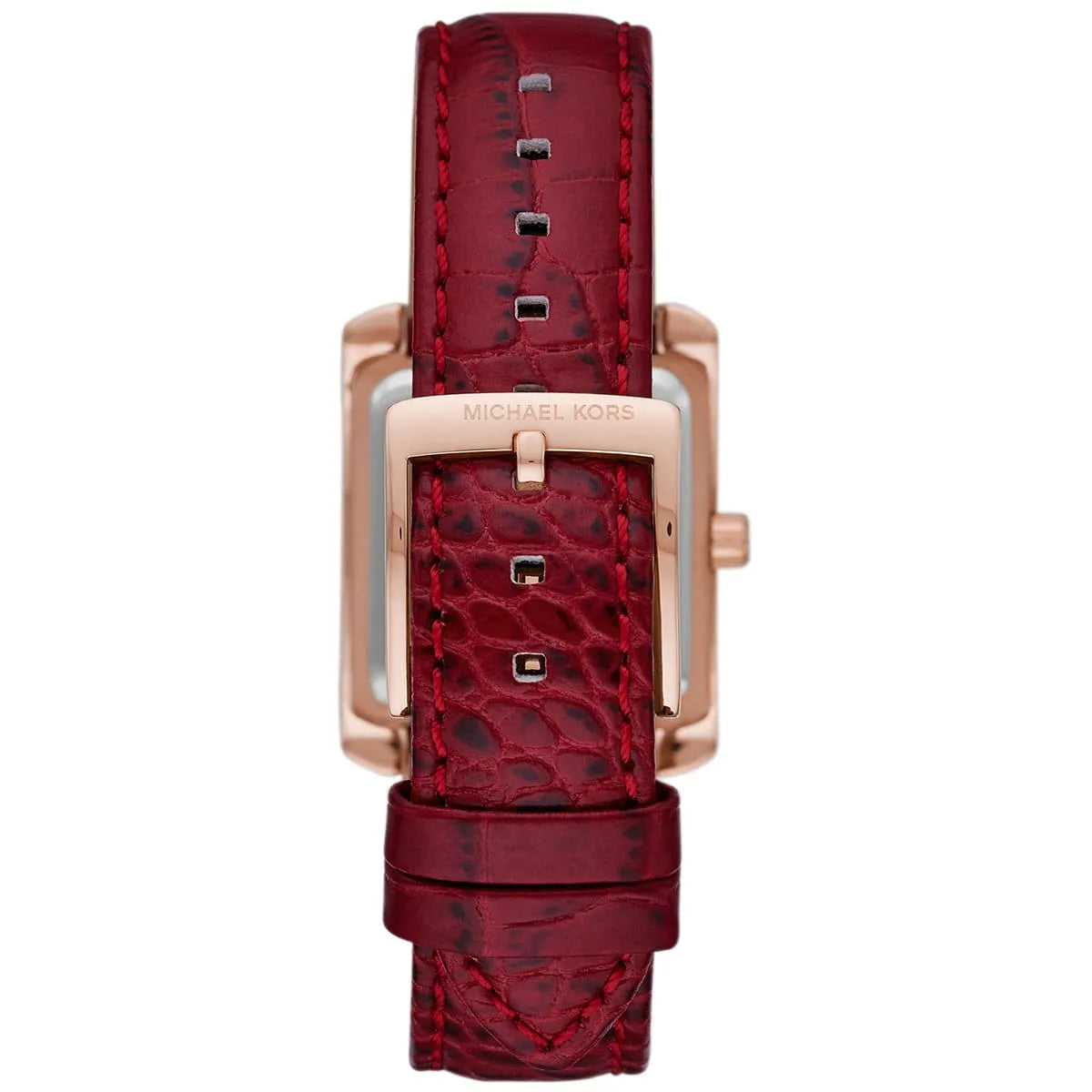 Caseback view of Emery watch showing rose gold case and Michael Kors branding