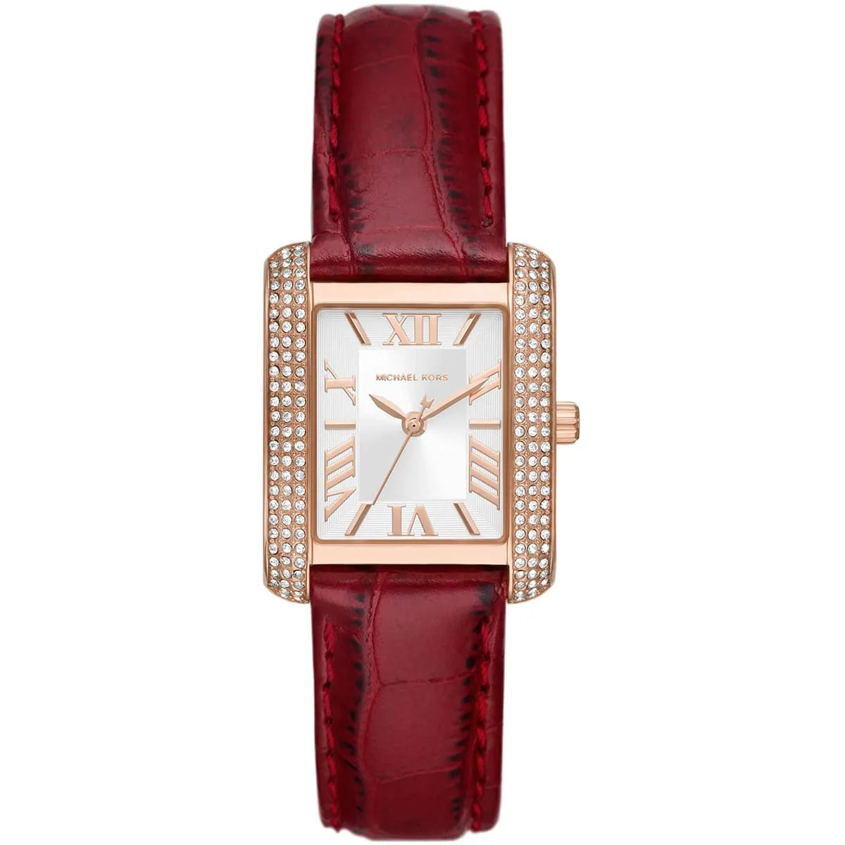Michael Kors Emery women's watch with white dial, rose gold case with crystal bezel, and red leather strap
