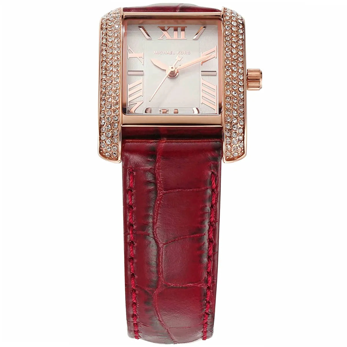Close-up of Emery watch dial featuring white face with Roman numerals and rose gold hands