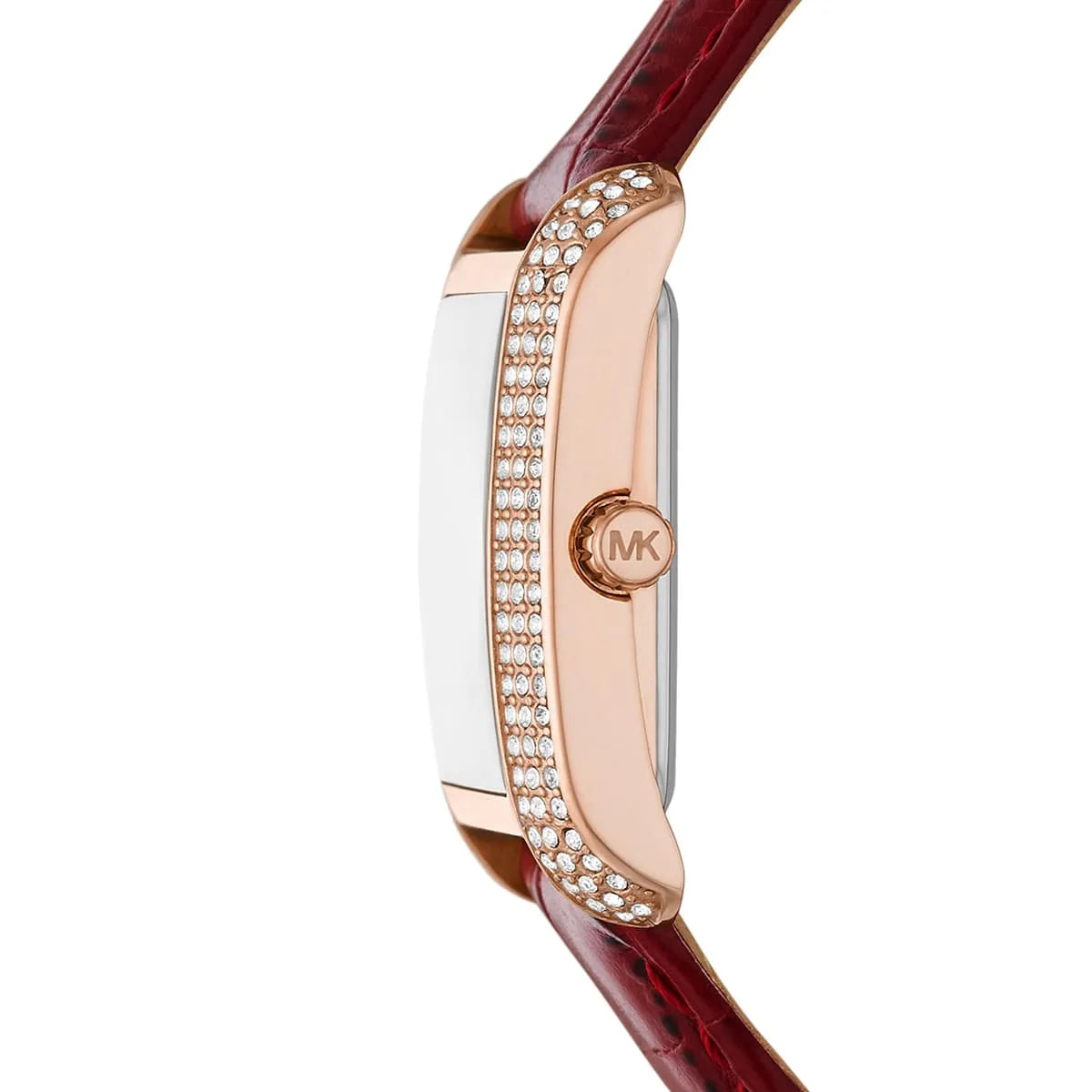 Side profile of Michael Kors Emery watch showing rose gold case thickness and red leather strap