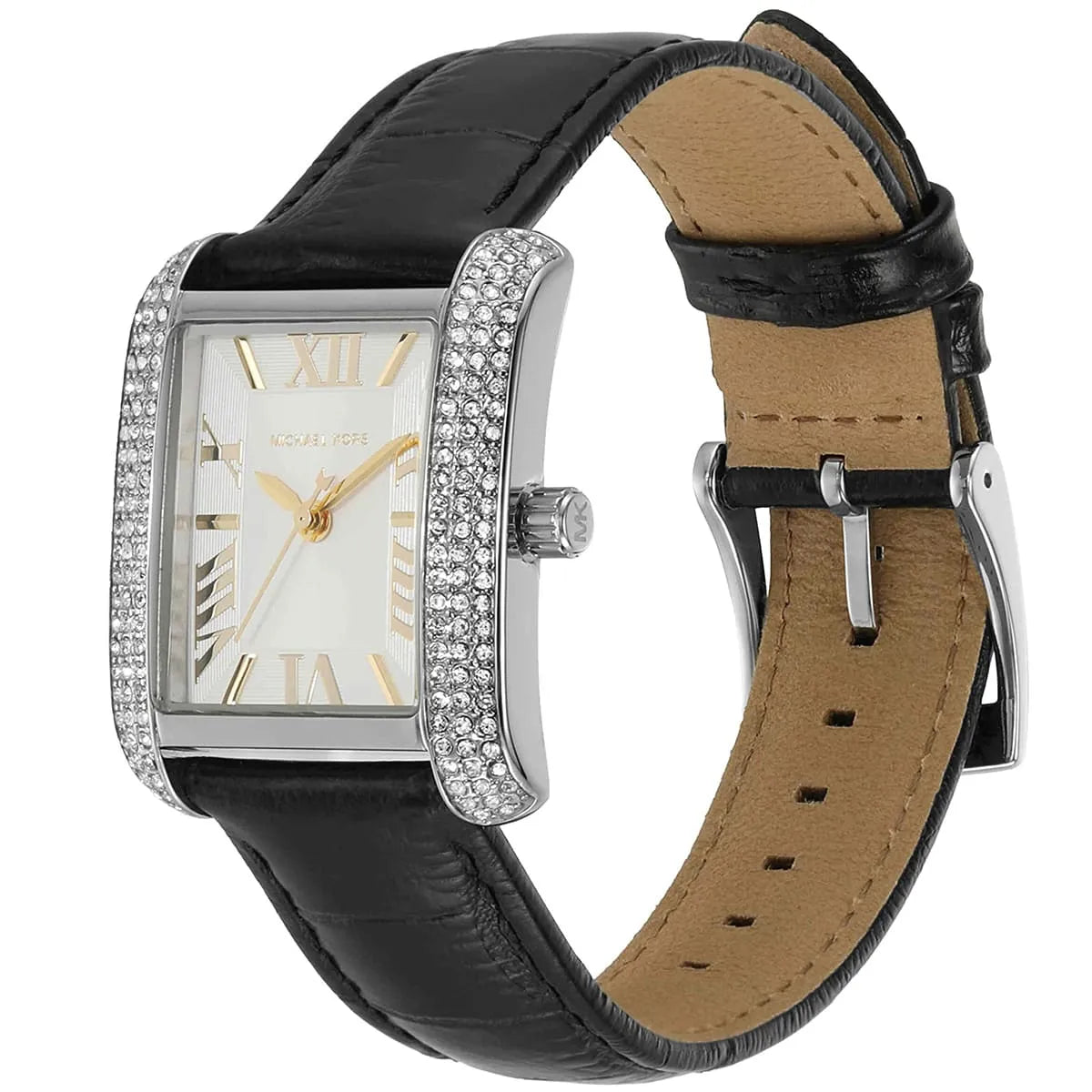 Side angle view showing the pavé crystal-set square case, white dial, and black leather strap with buckle
