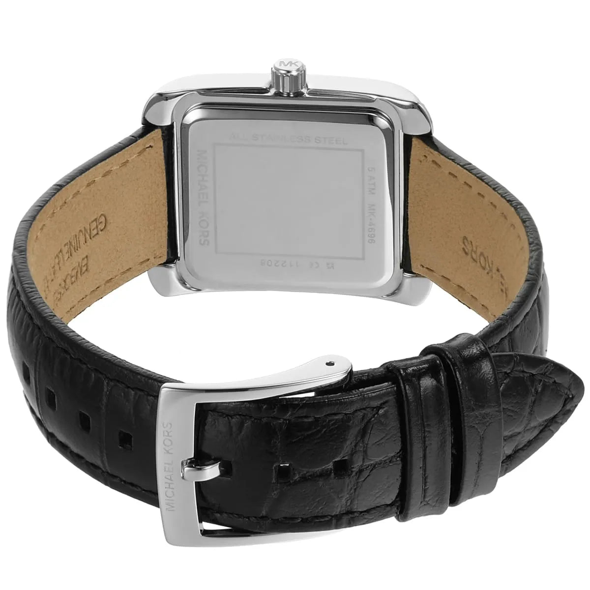 Caseback of the Michael Kors Emery showing the square case with black leather strap and buckle