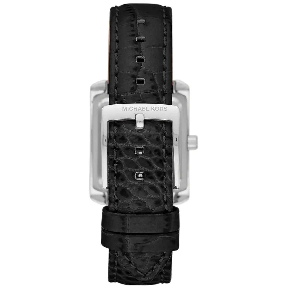 Black crocodile-textured leather strap with silver-tone buckle clasp and Michael Kors branding