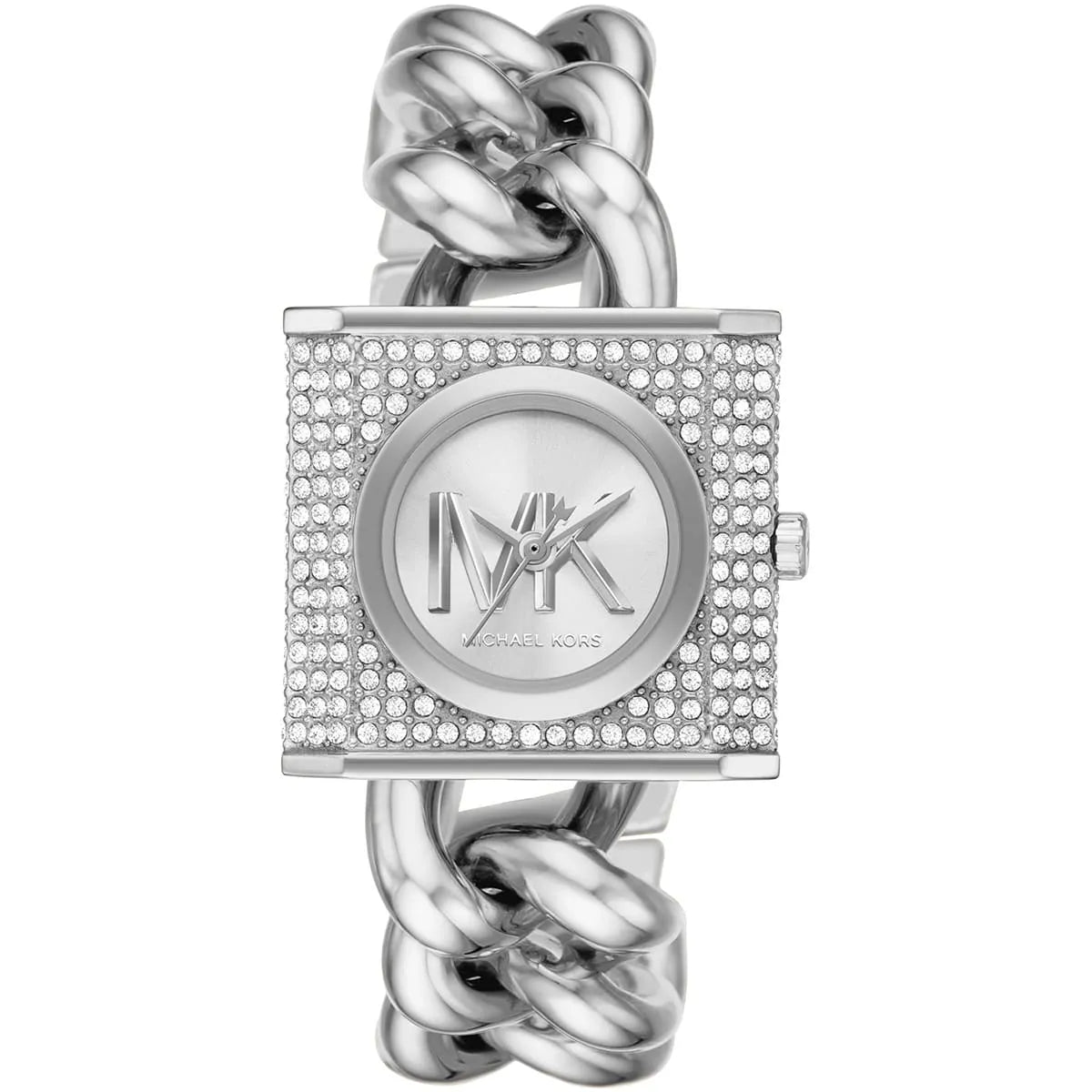 Michael Kors Mini Lock silver-tone watch with crystal pavé square case and chain link strap