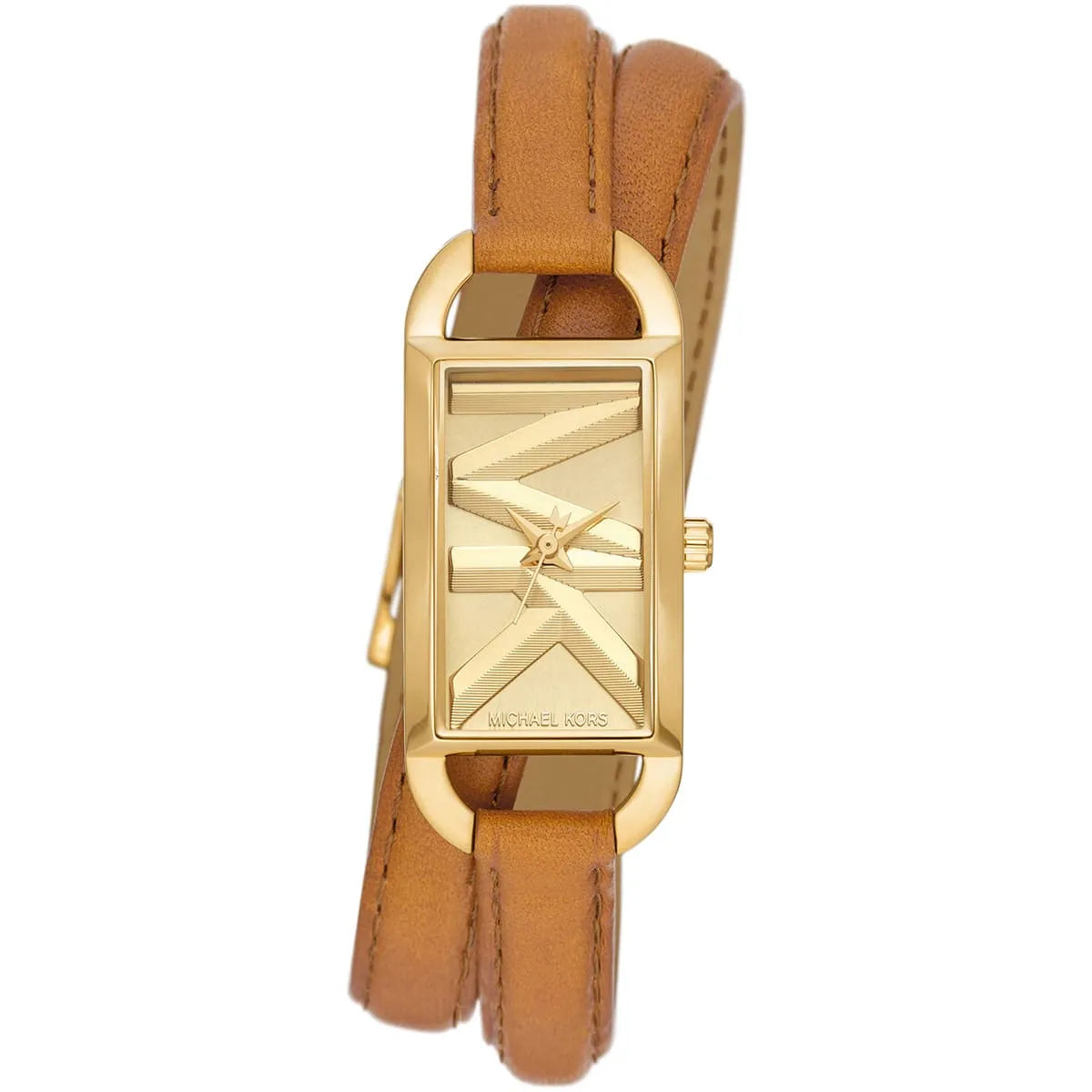 Michael Kors Empire watch front view showing rectangular gold dial and brown leather strap