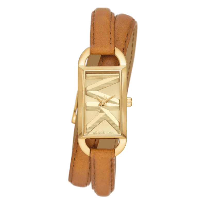 Michael Kors Empire women's watch with gold dial and brown double-wrap leather strap