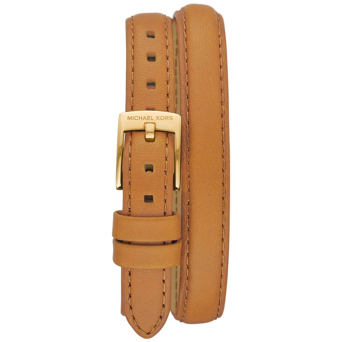 Brown leather double-wrap strap with gold buckle and Michael Kors branding