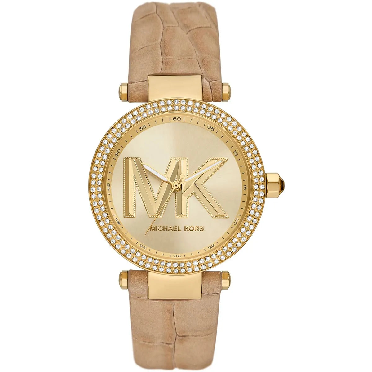 Michael Kors Parker MK4725 women's watch with gold dial, crystal-set bezel, and tan leather strap