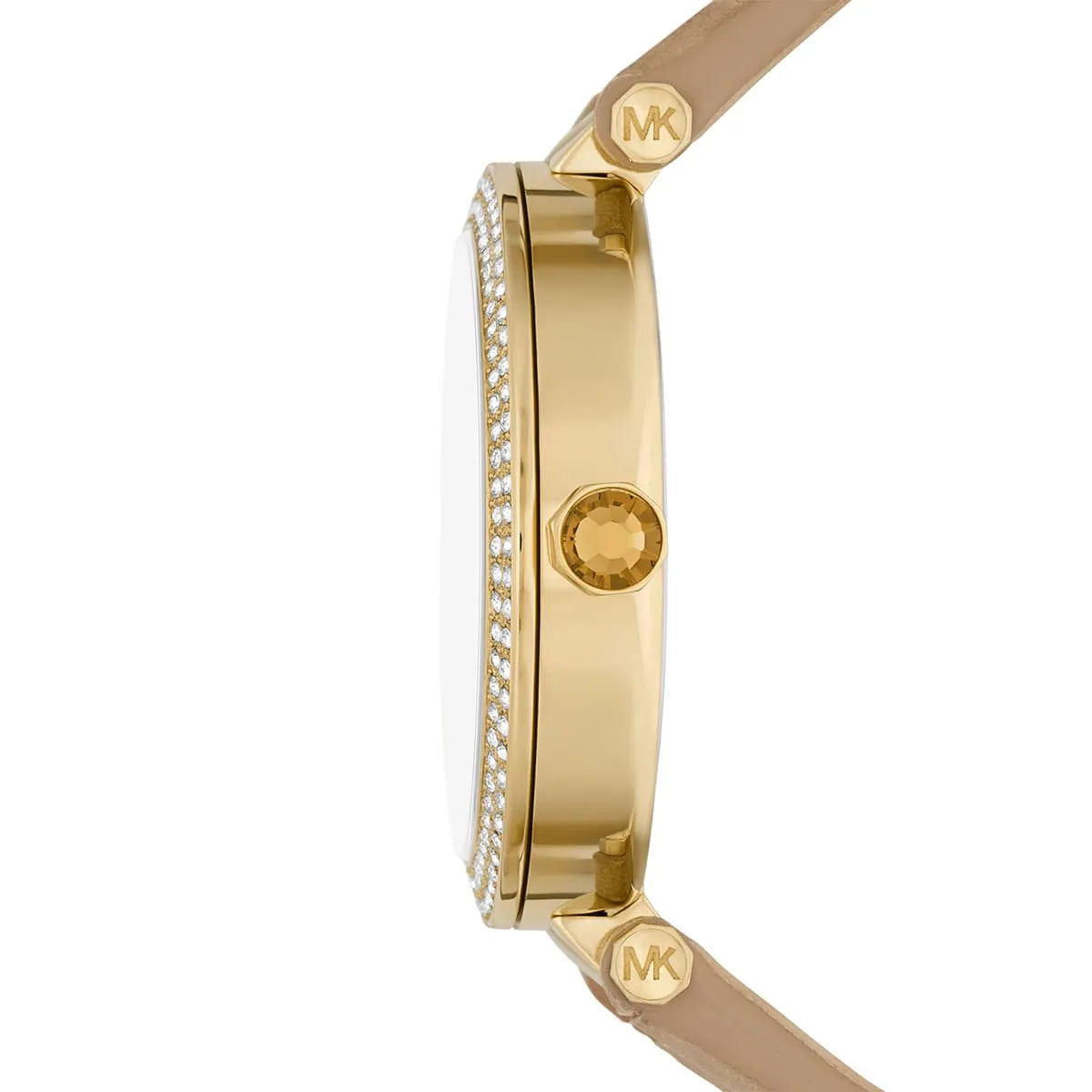 Michael Kors Parker MK4725 side view displaying gold case, crystal bezel, and tan leather strap
