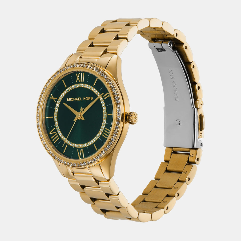 Michael Kors Lauryn watch side view showing gold bracelet and green dial