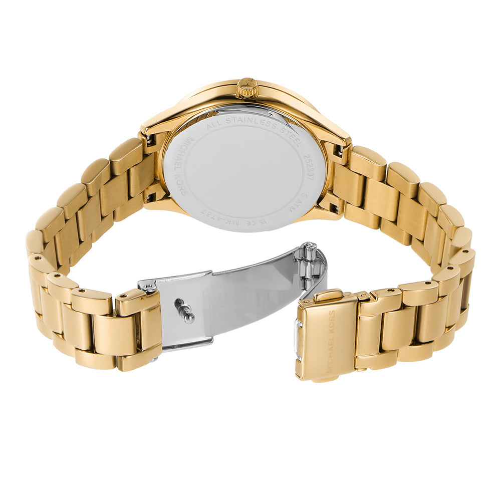 Michael Kors Lauryn watch caseback and gold link bracelet detail