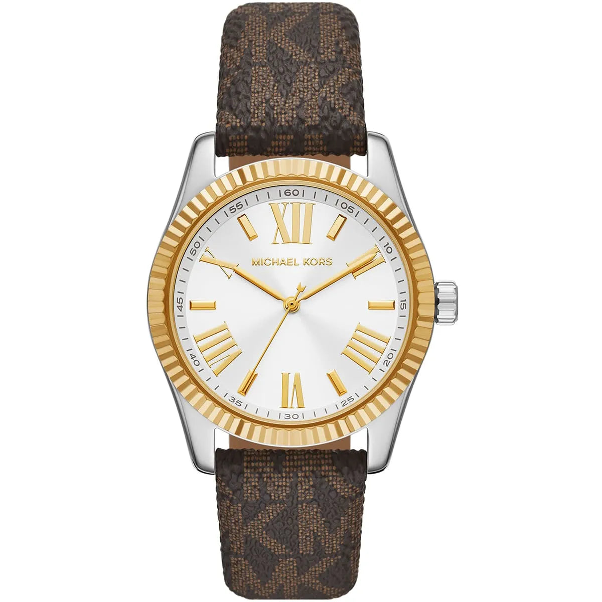 Michael Kors Lexington women's watch with silver dial, two-tone silver and gold bezel, roman numerals, brown signature leather strap