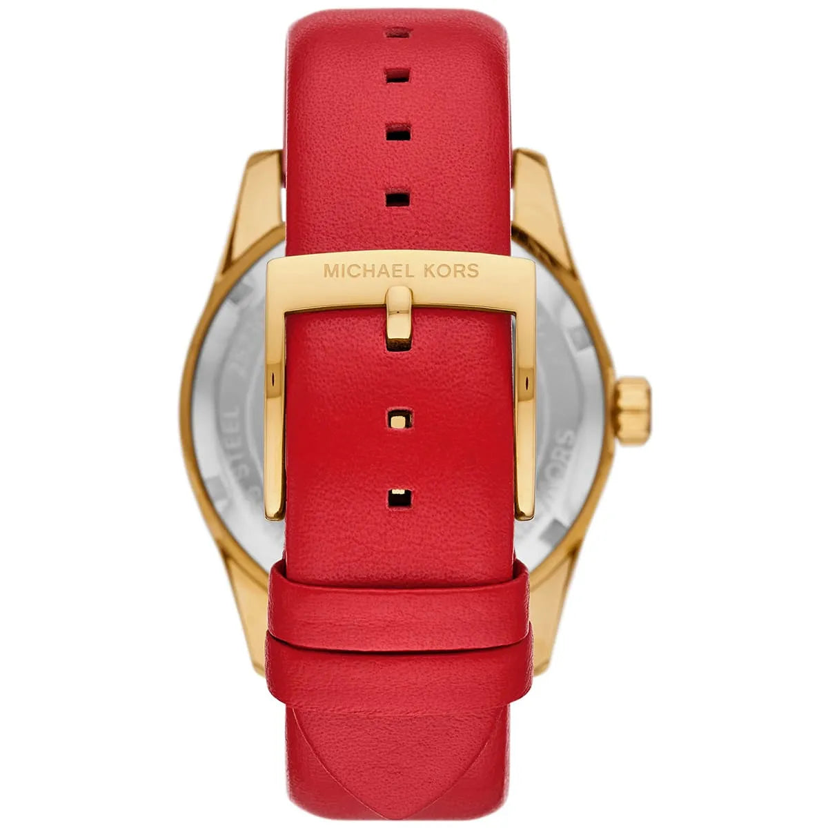 Back view of Michael Kors Lexington watch with red leather strap and gold buckle