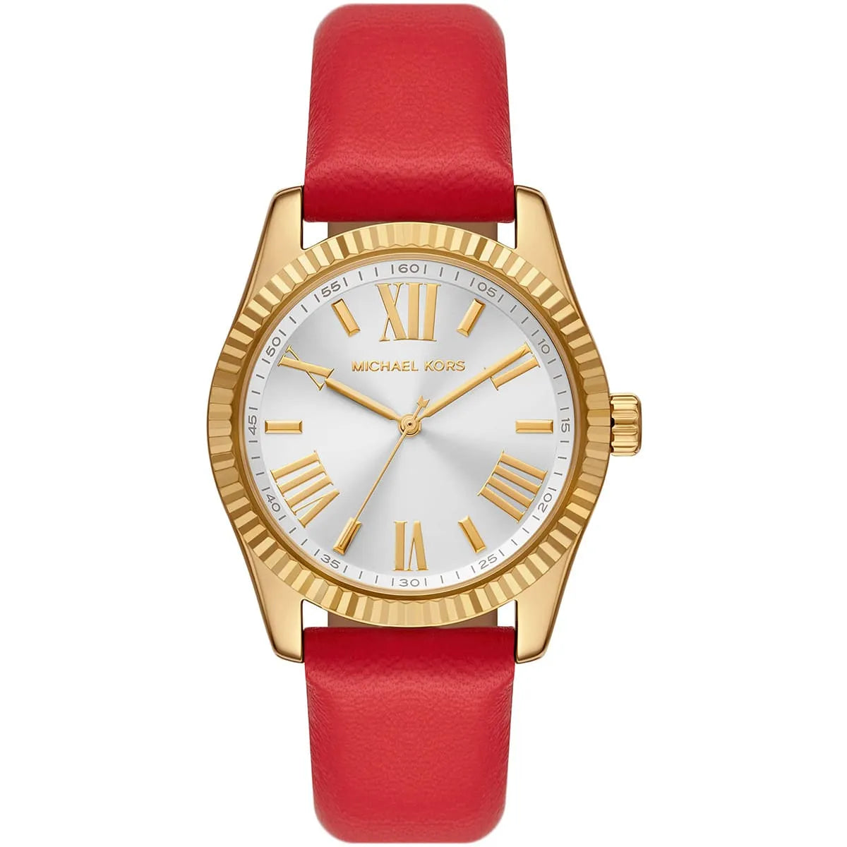 Michael Kors Lexington women's watch with white dial, gold-tone case, and red leather strap