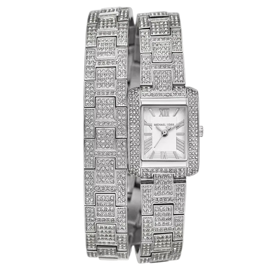 Michael Kors Petite Emery Pavé silver-tone double wrap women's watch with crystal-set bracelet