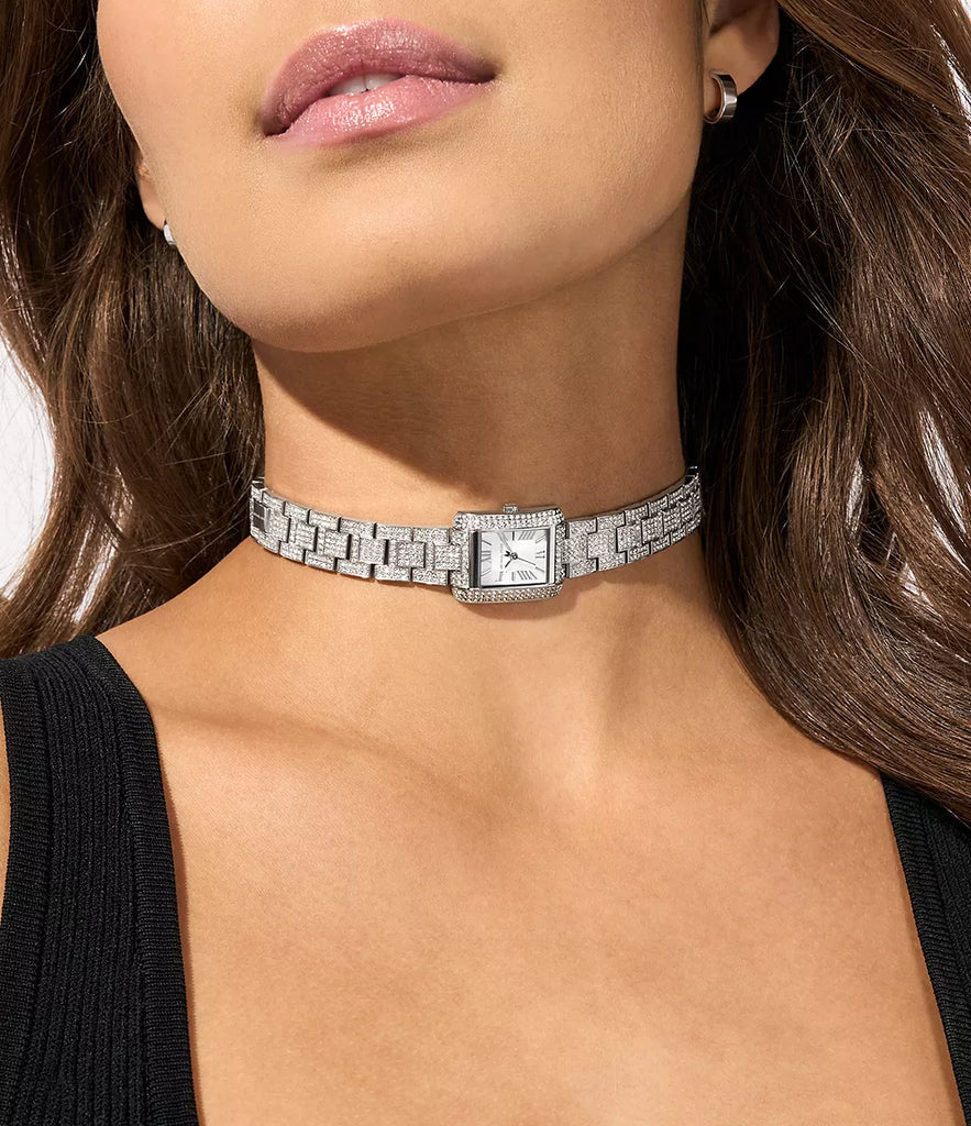 Michael Kors Petite Emery Pavé silver-tone watch worn around neck showing crystal-set double wrap design