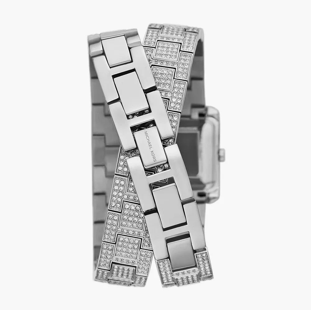 Overhead view of Michael Kors Petite Emery double wrap bracelet design in silver-tone