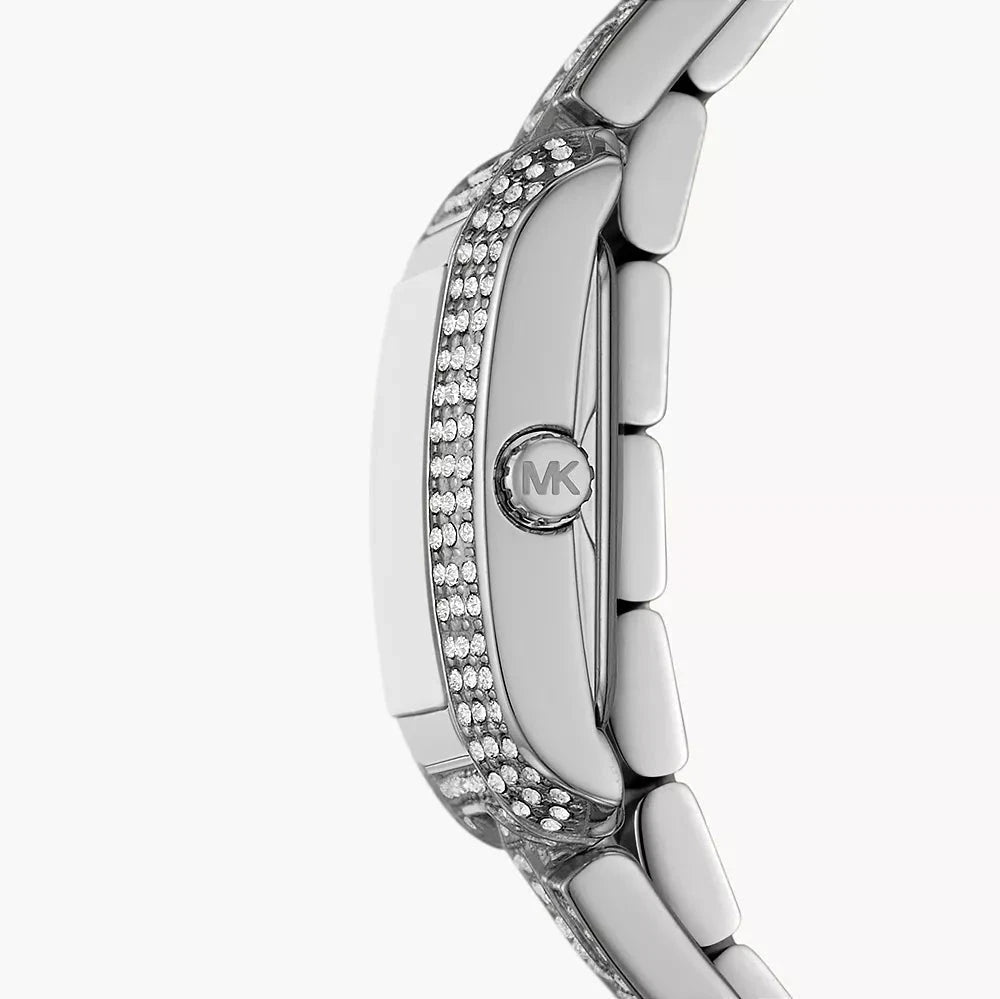 Side view of Michael Kors Petite Emery watch showing rectangular white dial and crystal-accented bezel
