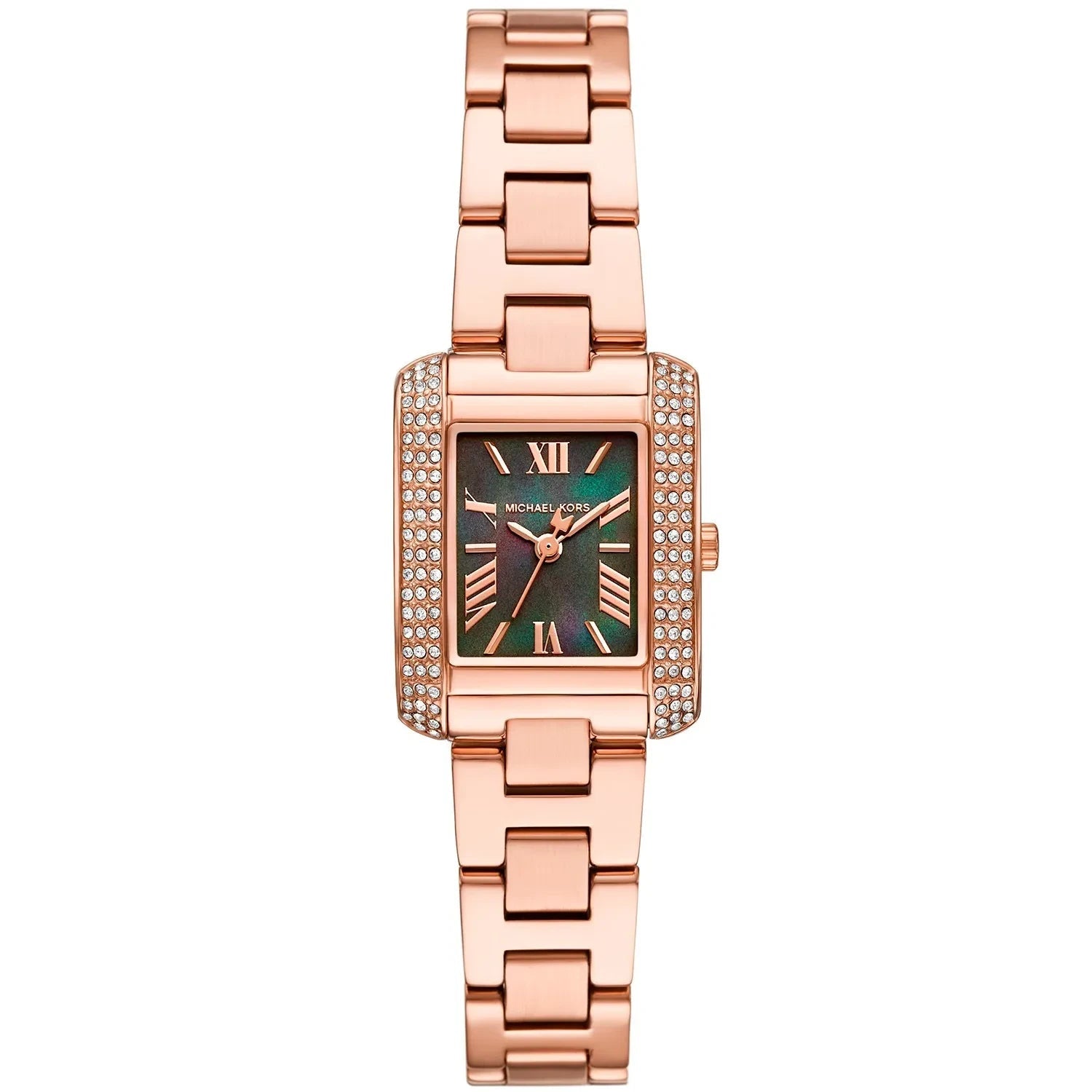 Michael Kors Mini Emery rectangular watch with rose gold case, pavé bezel, green mother-of-pearl dial and rose gold bracelet
