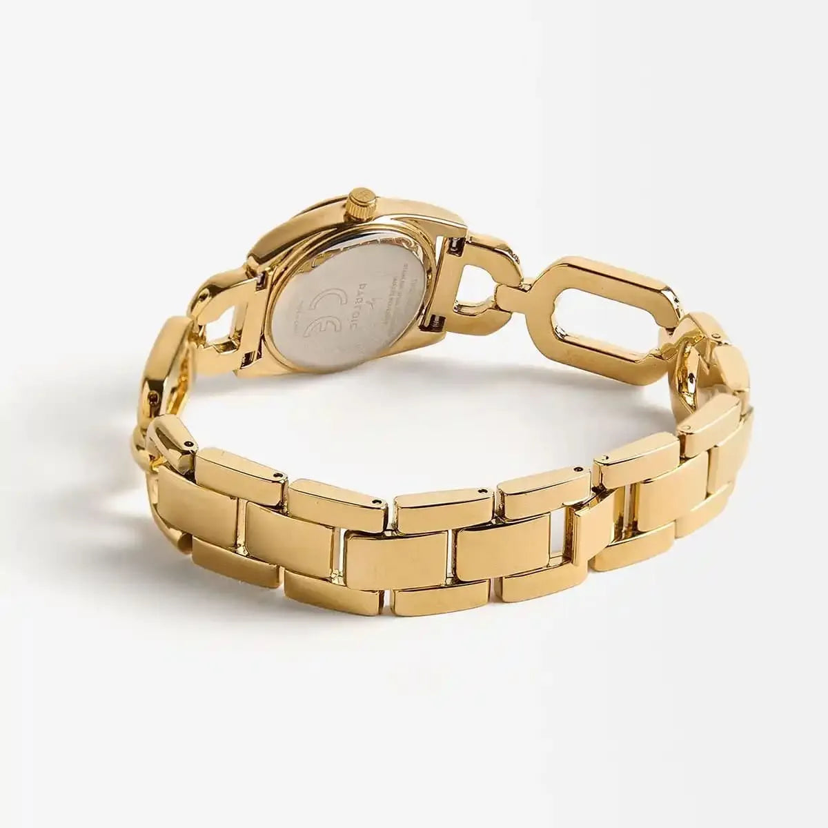 Back view of MK Astor Link watch showing case back and link bracelet