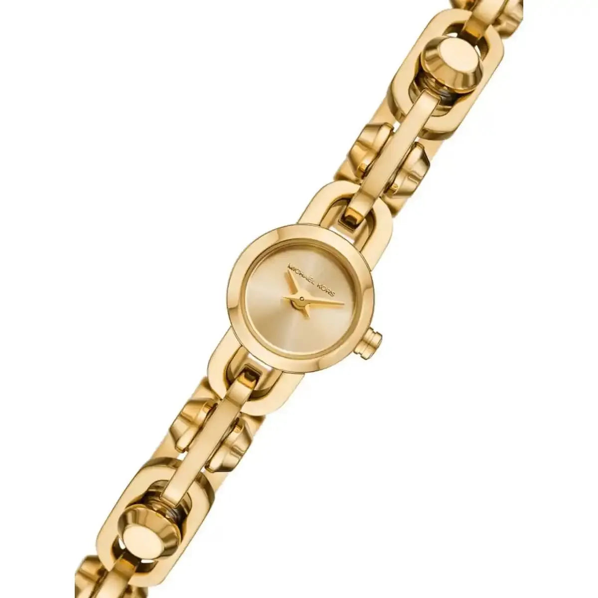 Close-up of Michael Kors Astor Link gold dial with hands and hour markers