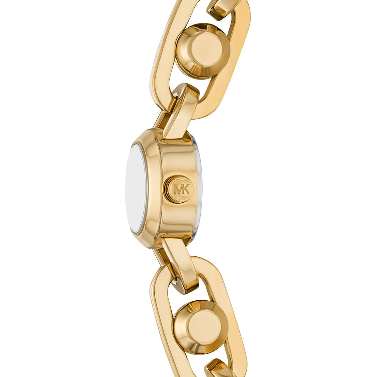 Close-up of gold-tone stainless steel link bracelet and MK logo on case